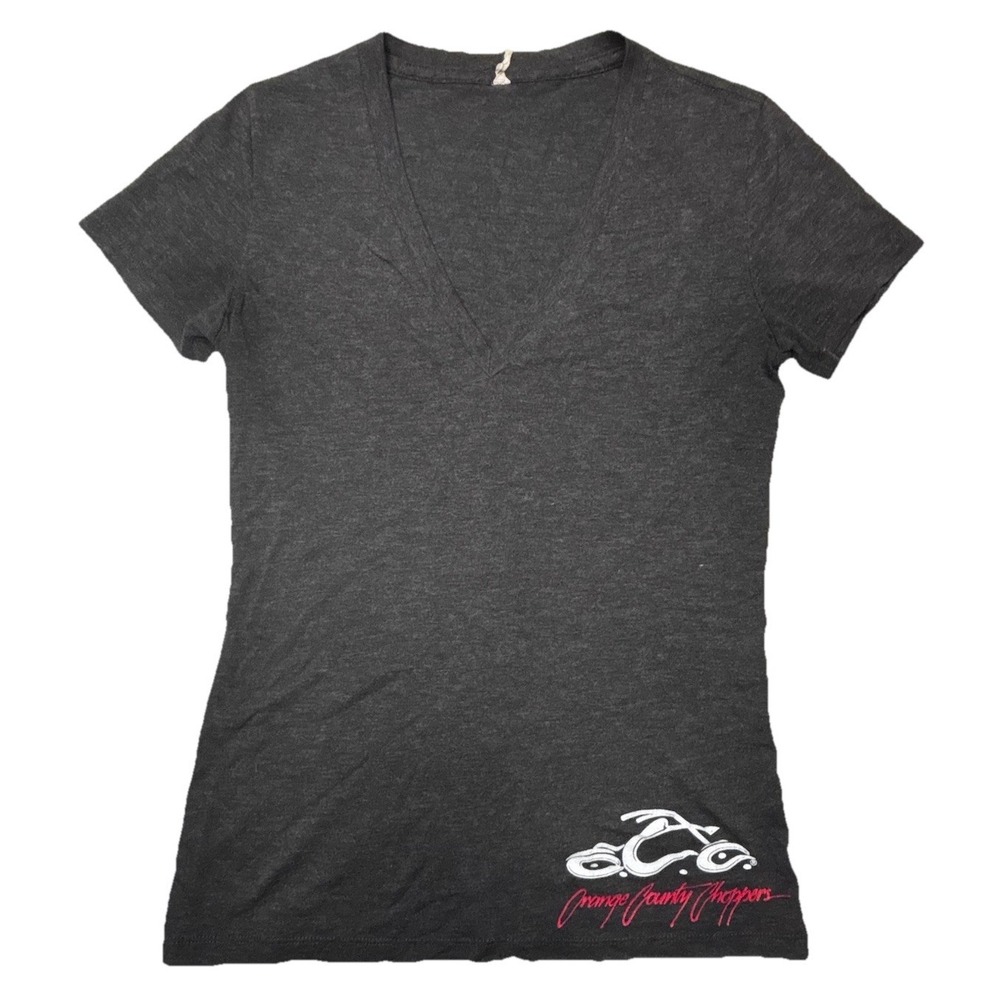 Y2K Orange County Choppers OCC Logo V Neck Baby Tee Womens XS Fitted Gray